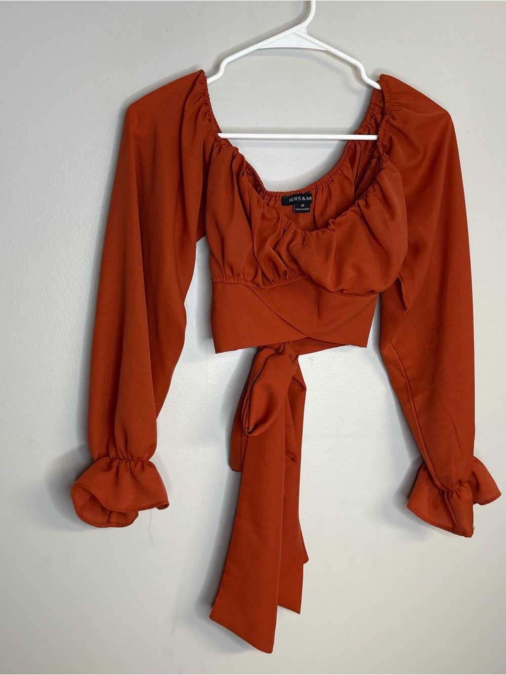 H&M Rust Orange Long-Sleeve Wrap Crop Top with Tie Front